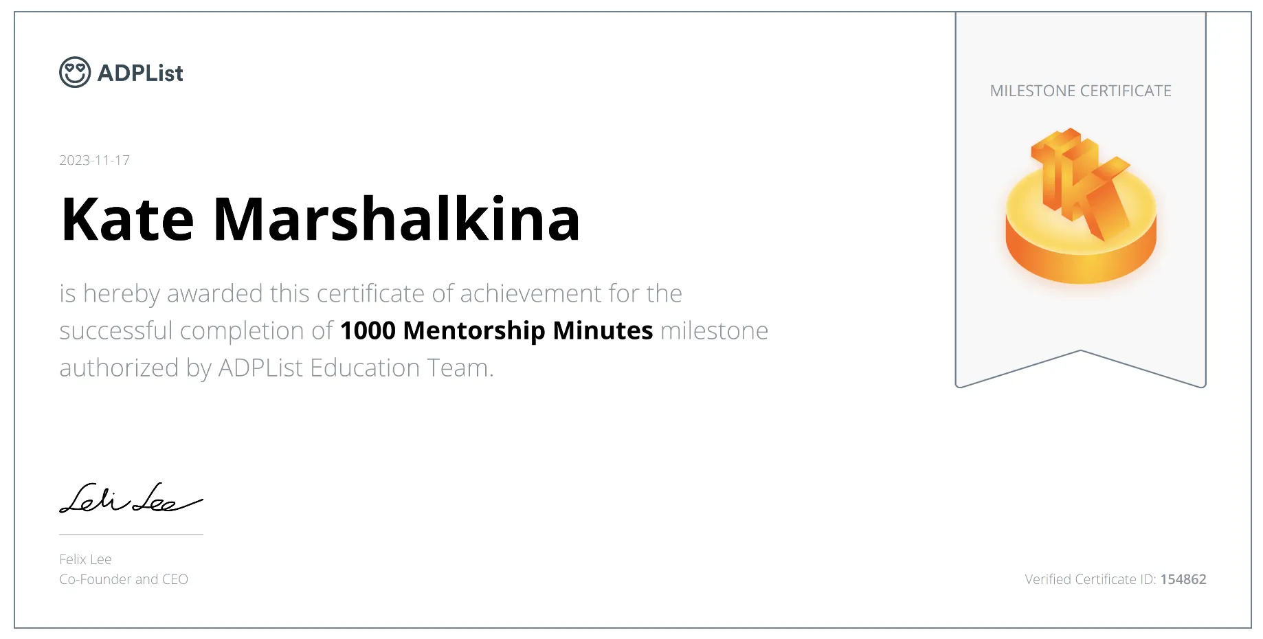 1000 mentorship minutes certification from ADPList