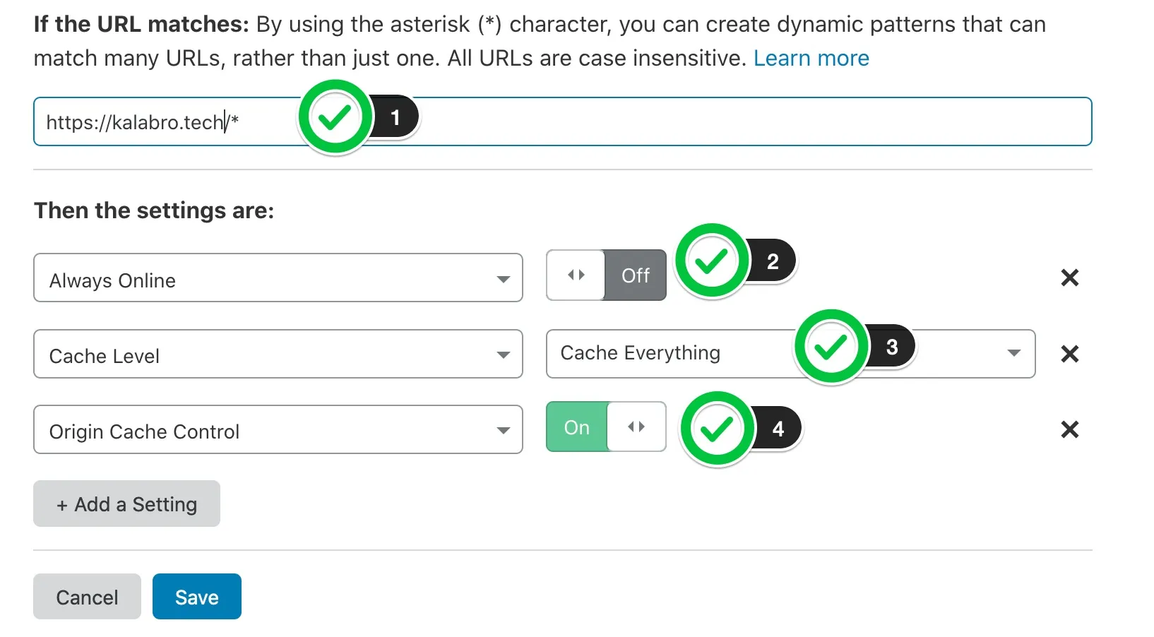 Screenshot of Cloudflare rule configuration annotated with steps