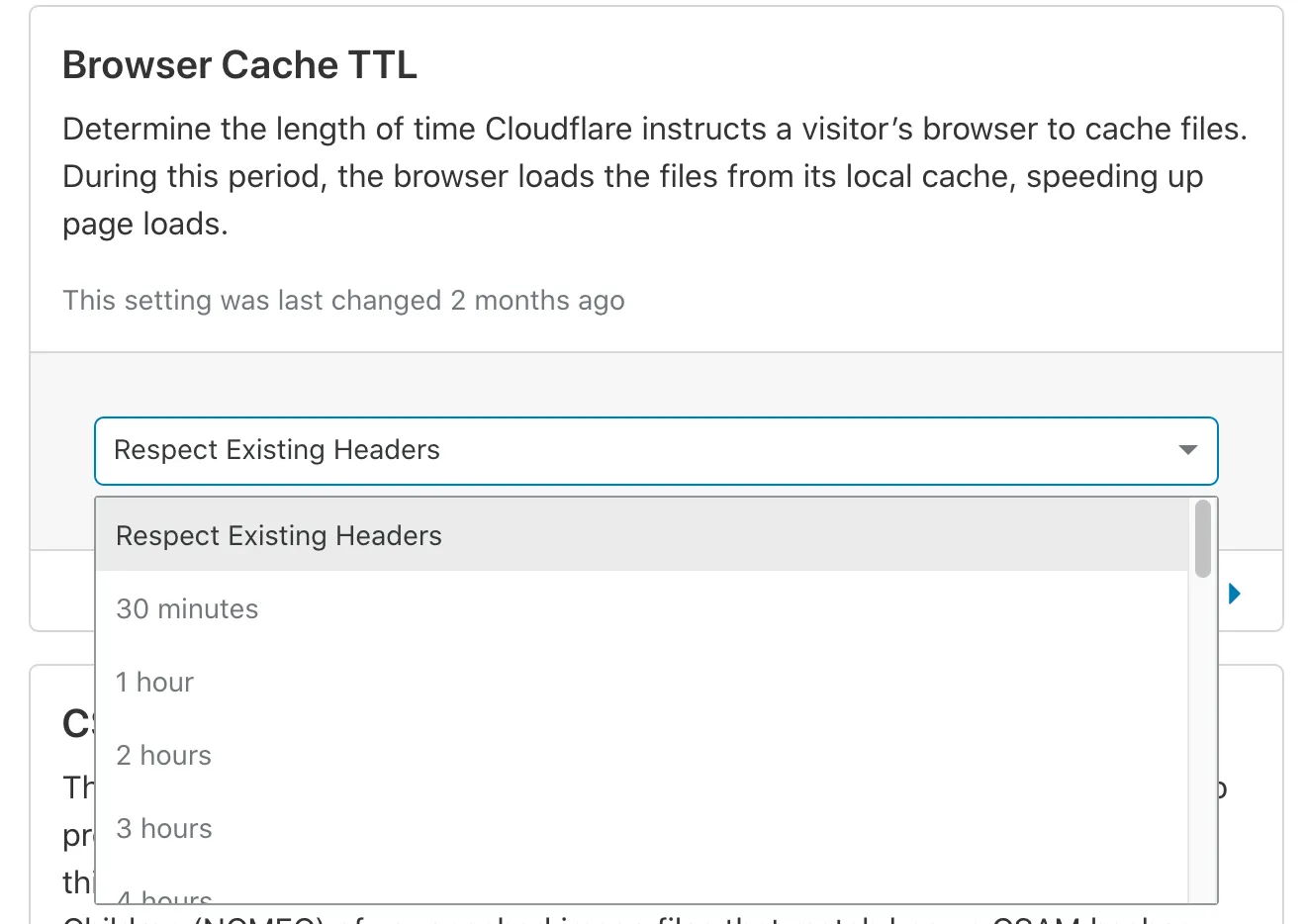 Screenshot of Cloudflare "Browser Cache TTL" options