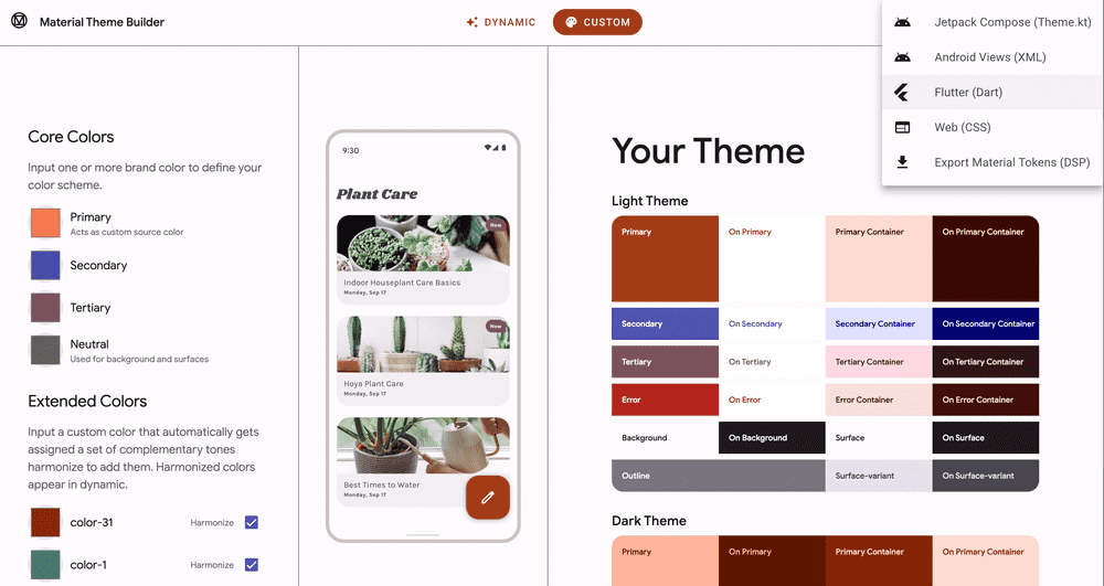 Material Theme Builder supports export in Flutter