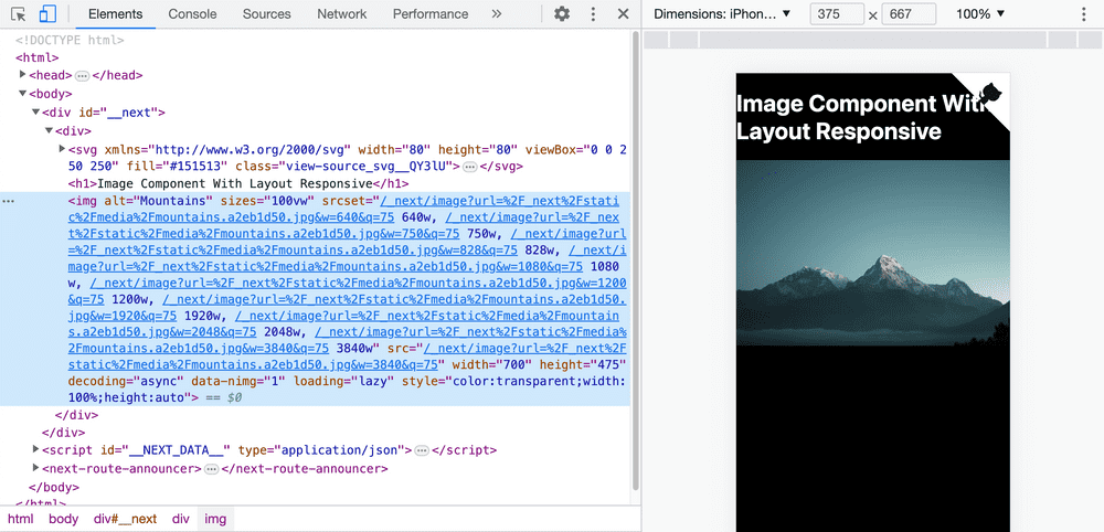 The resulting markup generated by Next.js Image component